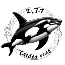 circle shaped tattoo with numbers 2, 17, 27, word Catadia and orca in the center tattoo design idea