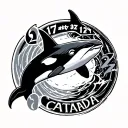 circle shaped tattoo with numbers 2, 17, 27, word Catadia and orca in the center tattoo design idea