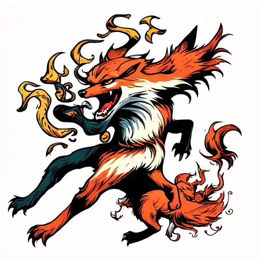 demon fox fighting a hell hound tattoo design idea