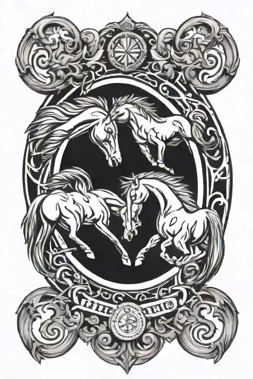 two horse heads inside a horseshoe surrounded tattoo design idea