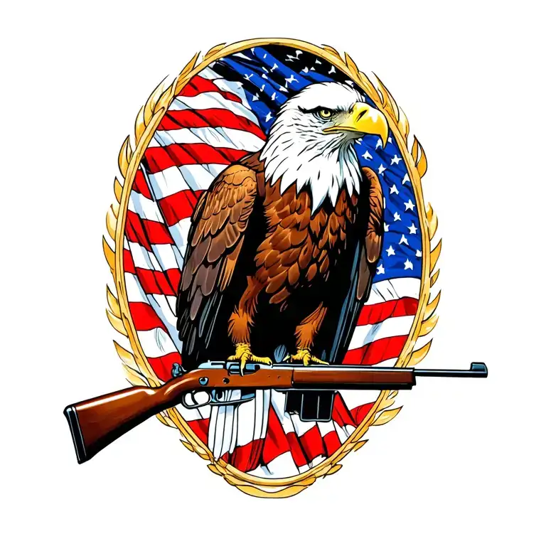 A patriotic bald eagle perched on a rifle with an American flag in the background tattoo design idea