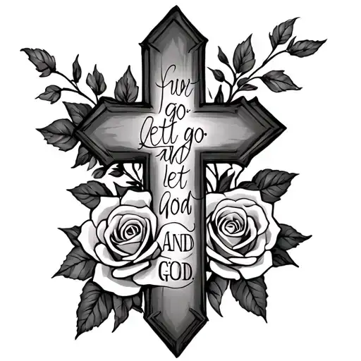 cross with roses  with the scripture let go and let GOD  tattoo design idea