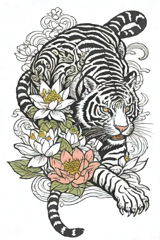 tiger walking on lotus flower growing tattoo design idea