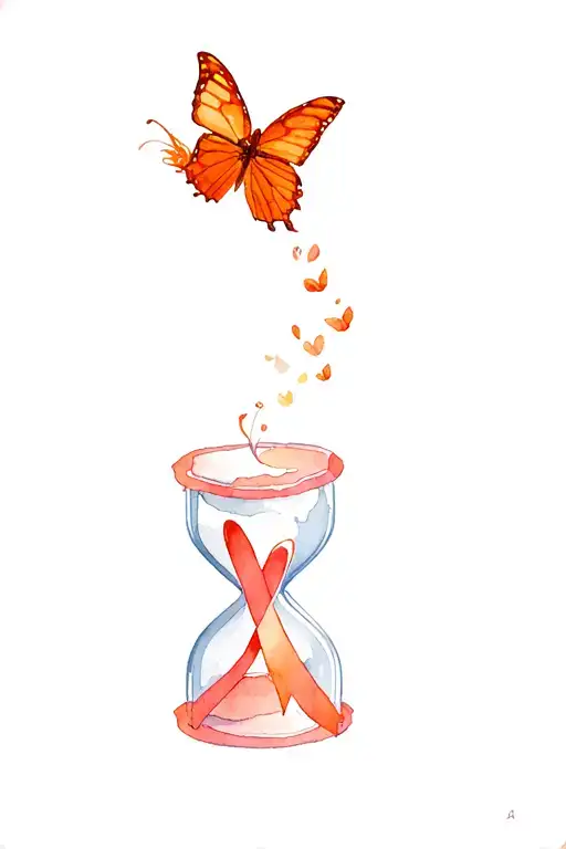 orange butterfly flying away from empty hourglass containing leukemia awareness ribbon tattoo design idea