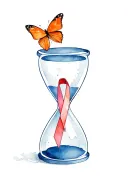 orange butterfly flying away from empty hourglass containing leukemia awareness ribbon tattoo design idea