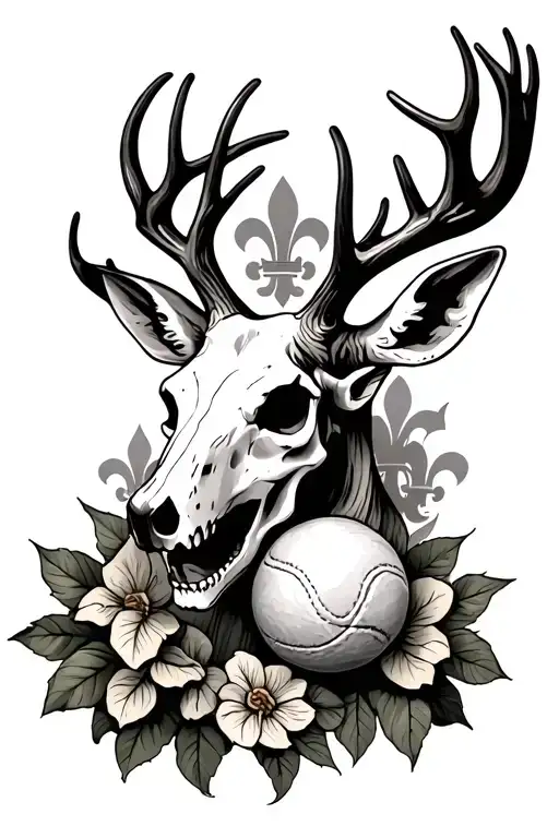 deer skull with tennis ball and fluer de lis tattoo design idea