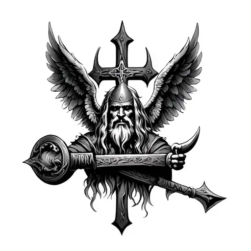 viking with christian cross with angel wings tattoo design idea
