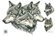 two baby wolfs head one male one female. male initals are LMO and female wolf initals are SEM then the name  tattoo design idea