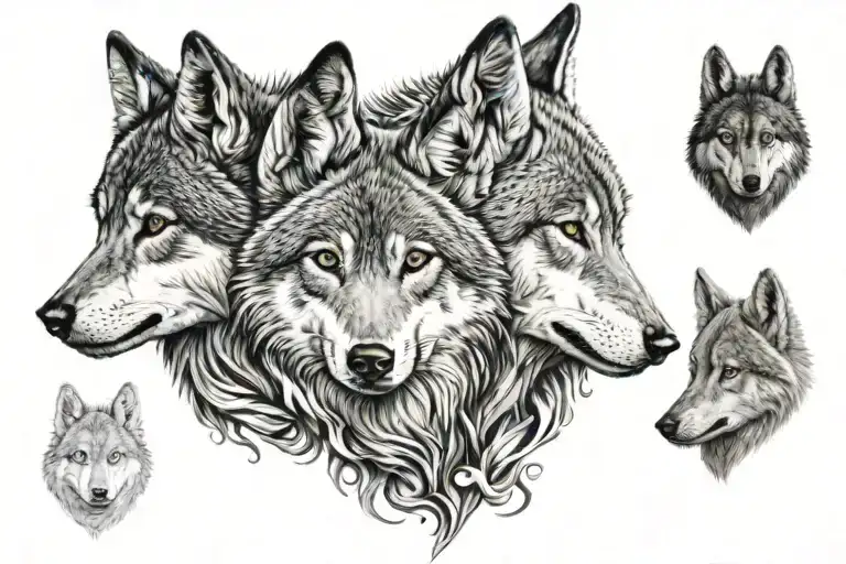two baby wolfs head one male one female. male initals are LMO and female wolf initals are SEM then the name  tattoo design idea