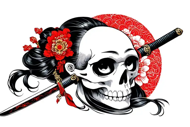 geisha holding a sword and holding a skull by its hair tattoo design idea