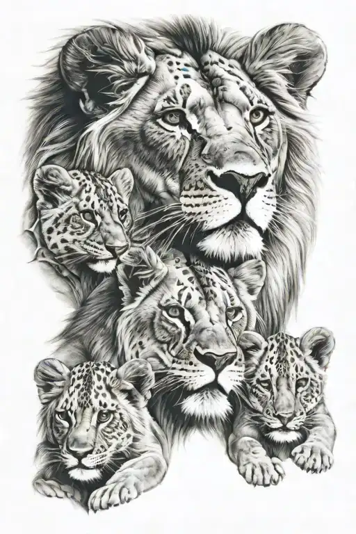 lion with 3 cubs with all blues eyes surrounded tattoo design idea