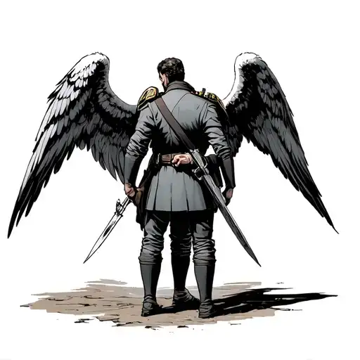 Angel gabriel and angel kastiel facing back patting down the shoulder of azrael wearing a military uniform tattoo design idea