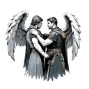 Angel gabriel and angel kastiel facing back patting down the shoulder of azrael wearing a military uniform tattoo design idea