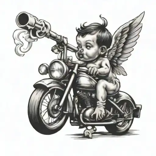 old school black tattoo of a baby angel smoking a cigarette ON A CUSTOM BIKE tattoo design idea
