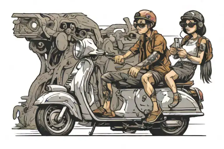 Women riding a scooty pep beside of her one boy is sitting in cartoon, Tatoo theme need to be Love tattoo design idea