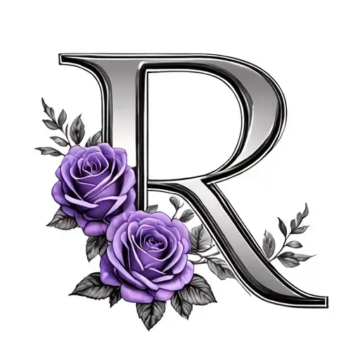 R letter with purple roses tattoo design idea