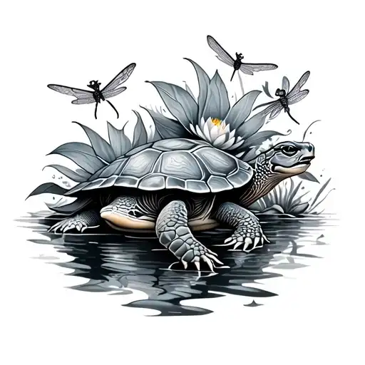 A black-grey tattoo of a turtle surrounded by dragonflies and water lilies  tattoo design idea