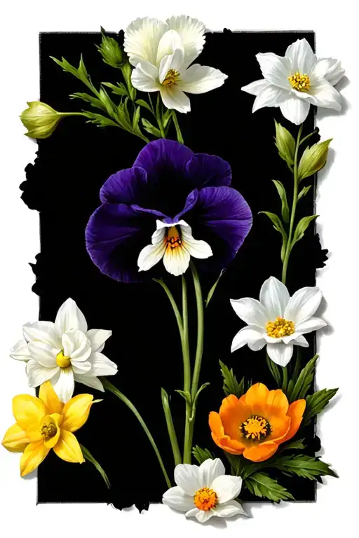 an African violet surrounded by a white carnation, a white daffodil, a yellow tulip and a orange cosmos tattoo design idea
