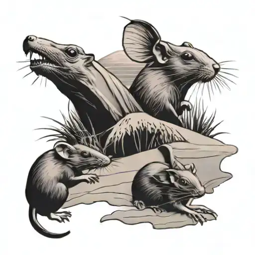A tattoo design of a beach sunset with three rats playing in the sand, symbolizing family and relaxation. tattoo design idea
