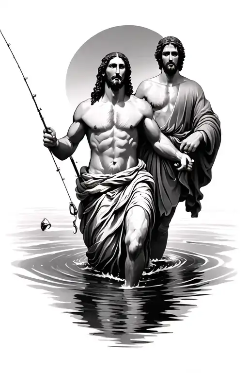 Jesus walking in water with the apostle Peter fishing tattoo design idea