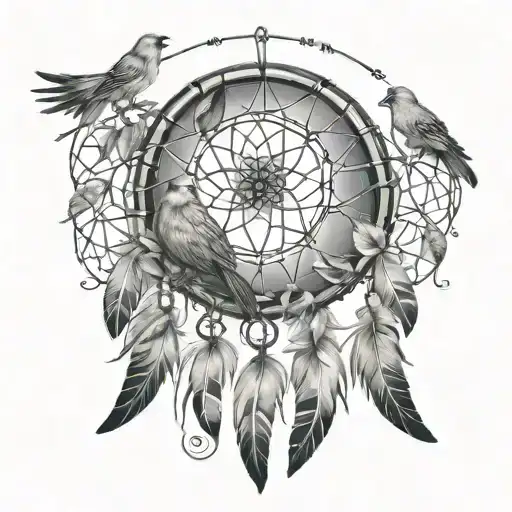 DREAMCATCHER WITH FEATHER AND BIRDS tattoo design idea