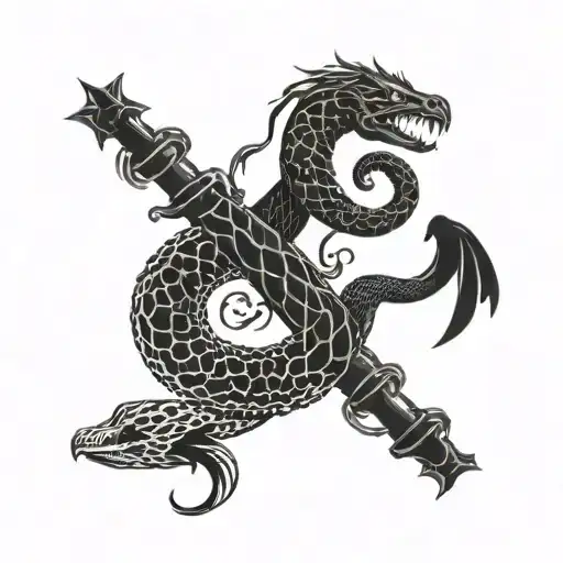 snake and crow looking at each other and there is a gemini sign between them tattoo design idea