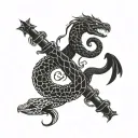 snake and crow looking at each other and there is a gemini sign between them tattoo design idea