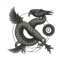 snake and crow looking at each other and there is a gemini sign between them tattoo design idea