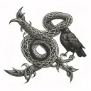 snake and crow looking at each other and there is a gemini sign between them tattoo design idea