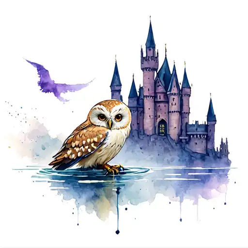 Harry potter Castle with Hedwig owl in water Color look tattoo design idea
