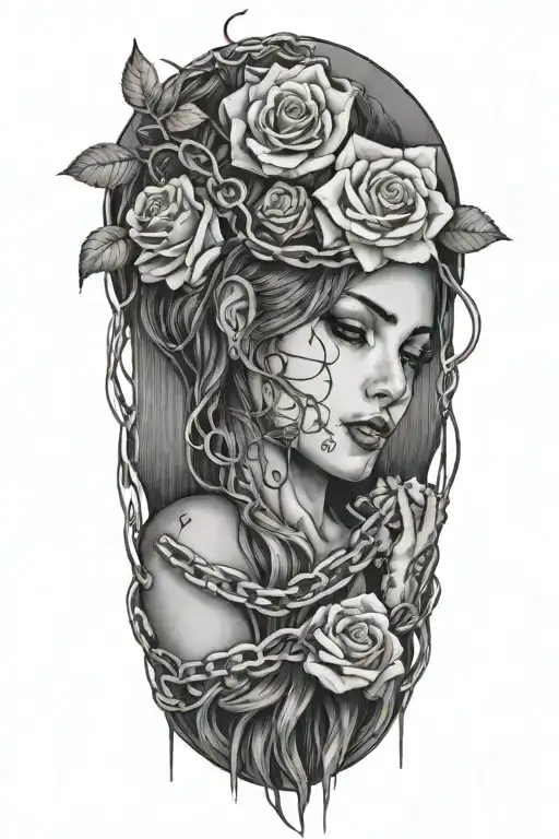 Naked girl, intertwined roots growing from chains on wrist, roses with sharp vines tattoo design idea