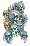 psychedelic bent figures floating skull and eyes swirling around in colourful acid reflux  tattoo design idea