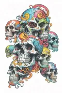 psychedelic bent figures floating skull and eyes swirling around in colourful acid reflux  tattoo design idea