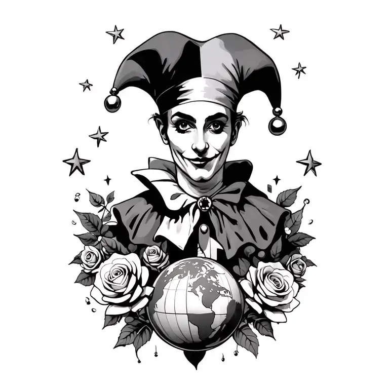 a jester holding a globe surrounded roses and stars tattoo design idea