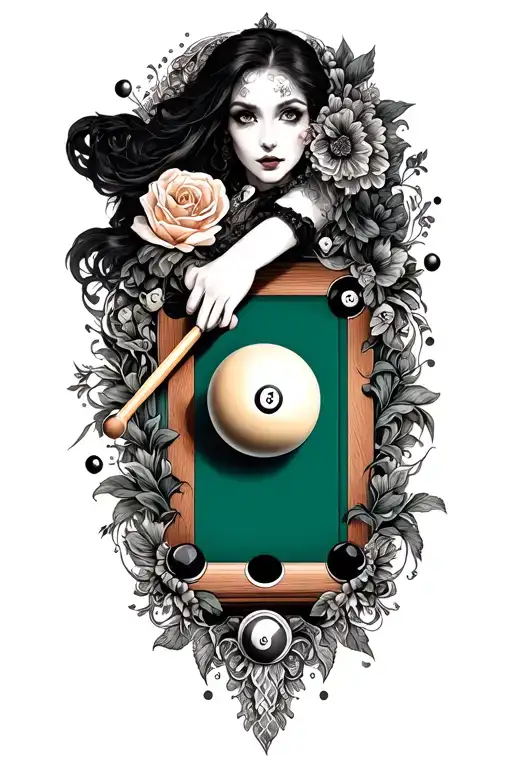 An intricate tattoo design of a billiard pool table with dark romantic elements incorporated, representing the client's passion for billiards and dark romance tattoo design idea