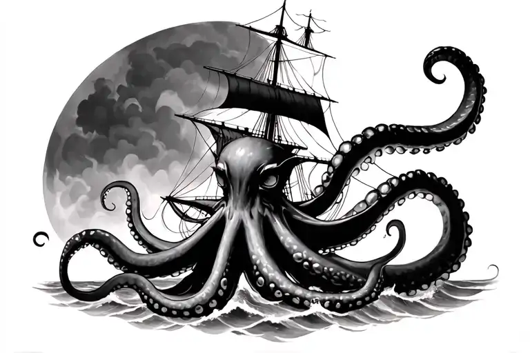 galleon, storm, octopus tattoo design idea