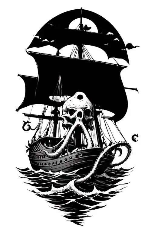 kraken wrapped around a sunken pirate ship sailing through stormy seas tattoo design idea