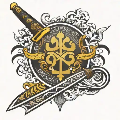 khanda sword with sabre words tattoo design idea