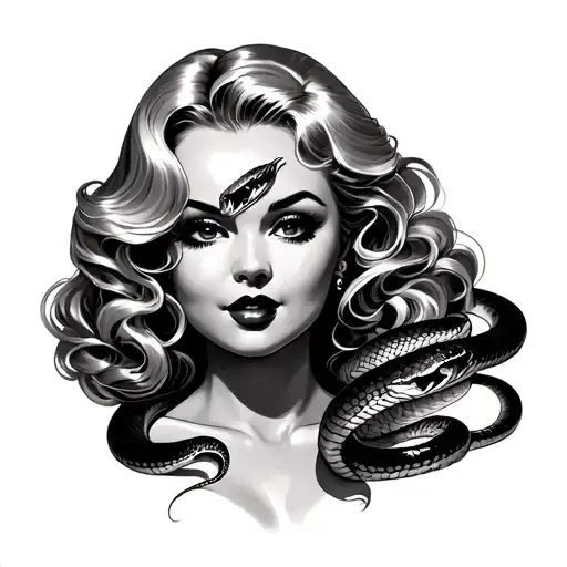 pinup girl with blonde hair that becomes a cobra tattoo design idea