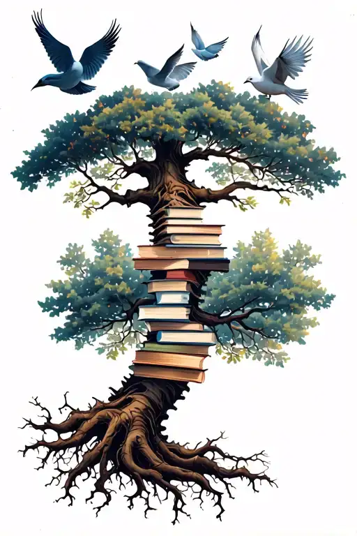 spine tattoo of oak tree at the top with roots, books, doves minimalist  tattoo design idea