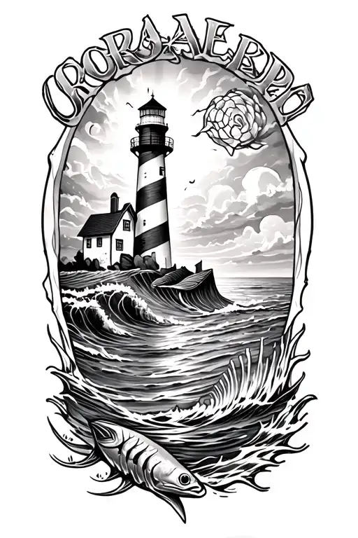 Ocean with light house and salt water fish tattoo design idea