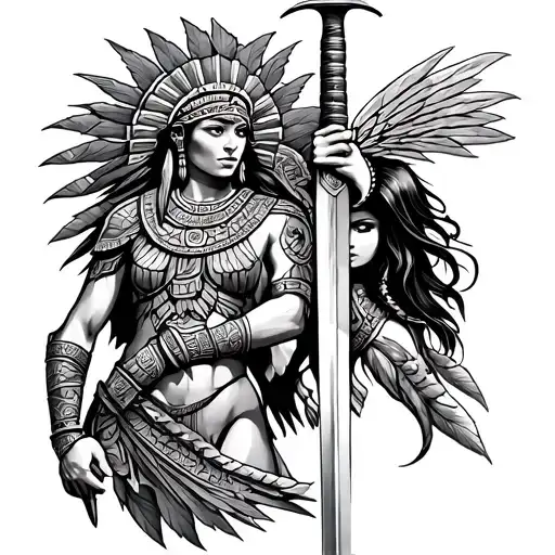 Aztec warrior holding a woman holding a sword tattoo design idea