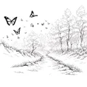 A sketch of a hiking trail winding through a forest with butterflies fluttering around tattoo design idea