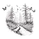 A sketch of a hiking trail winding through a forest with butterflies fluttering around tattoo design idea