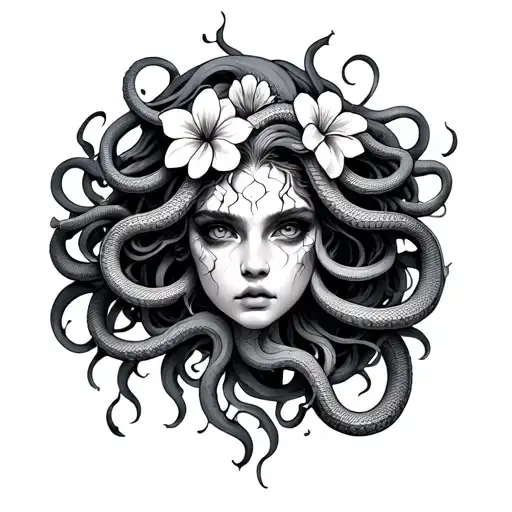 Medusa tattoo with 5 snakes 2 flowers no pupils 10 cracks on face tattoo design idea