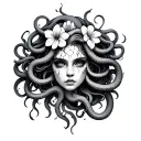 Medusa tattoo with 5 snakes 2 flowers no pupils 10 cracks on face tattoo design idea