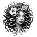 Medusa tattoo with 5 snakes 2 flowers no pupils 10 cracks on face tattoo design idea