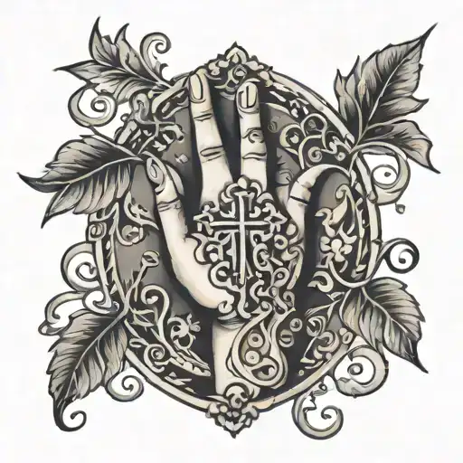 hand tattoo with cross and vines around it in black and grey tattoo design idea