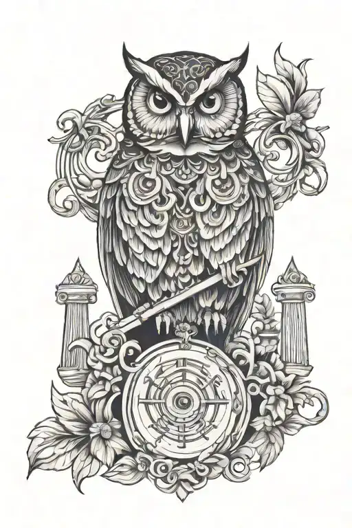 an owl, lyre, and Caduceus tattoo design idea