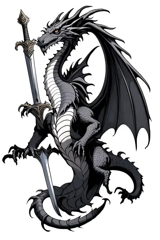 Fantasy dragon with it's wings out and legs/tail wrapped around a sword tattoo design idea